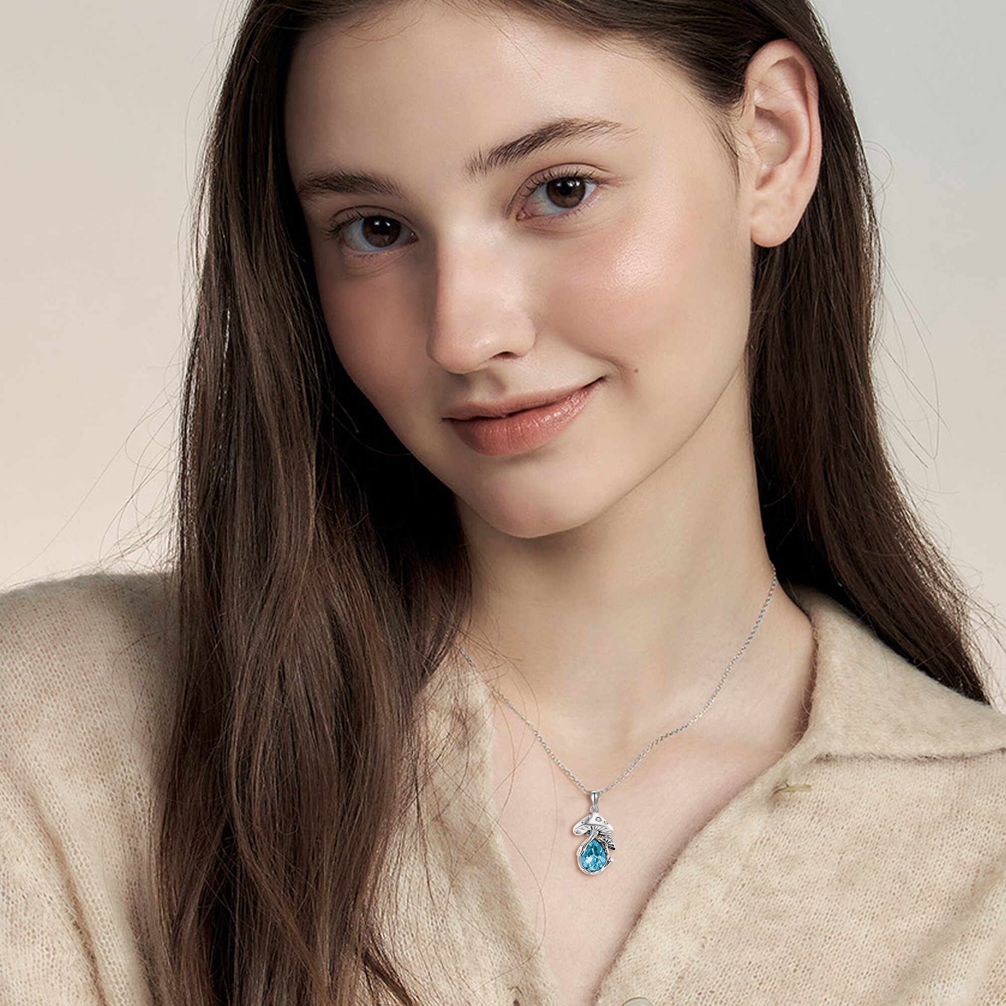925 Sterling Silver March Birthstone Mushroom Necklace